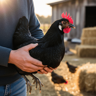 Photograph of a Minorca from the chicken taxonomy interacting with humans in a typical farm setting