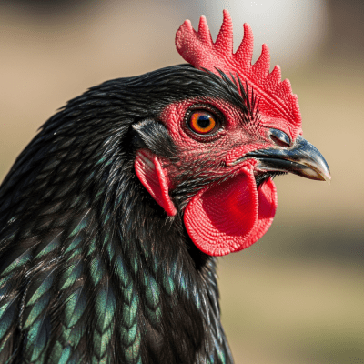 Close-up macro photograph highlighting the feather texture and coloration of a Minorca from the chicken taxonomy