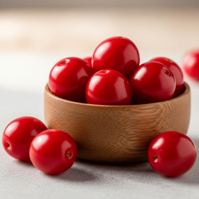 A high resolution image of several fresh Miracle Berrys arranged in a simple bowl, representing their use within the taxonomy berries