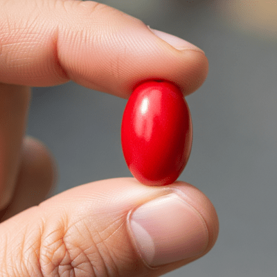 A factual photograph of a hand holding a ripe Miracle Berry, illustrating its size and appearance for the taxonomy berries