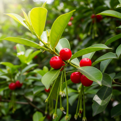 A naturalistic photograph of a Miracle Berry growing on its plant in its typical environment, representing the taxonomy berries