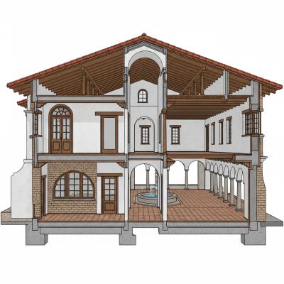 Detailed cross-sectional illustration or cutaway view showing the internal layout and key structural elements of the Mission Revival (architecture)
