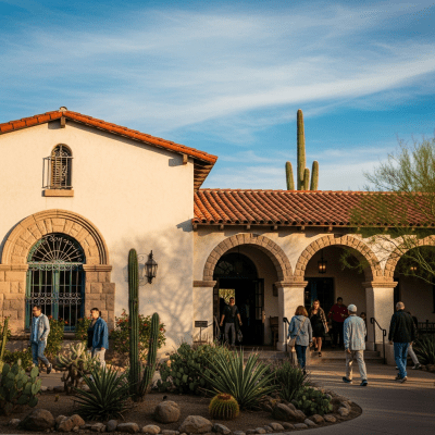 Photograph depicting Mission Revival, an example of architecture, in active use or cultural context—such as being inhabited, visited, or used for its intended purpose—while keeping focus on the structure itself