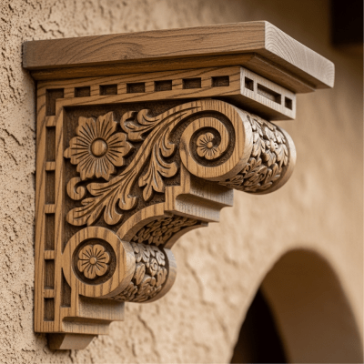Close-up detail shot of a distinctive feature or ornamentation from the Mission Revival (architecture), showing material texture, craftsmanship, or unique design elements