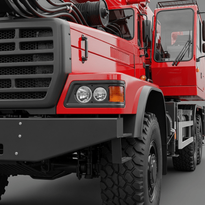 Close-up photograph focusing on distinctive details of a Mobile Crane Truck from the trucks taxonomy