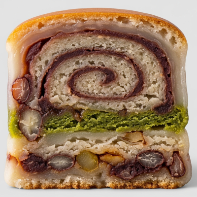Detailed cross-sectional view of a sliced Mochi Cake (cake), showing internal layers, textures, and ingredients