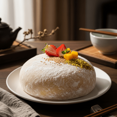 A realistic image of a whole Mochi Cake (cake) displayed on a classic dessert table in a home or bakery setting
