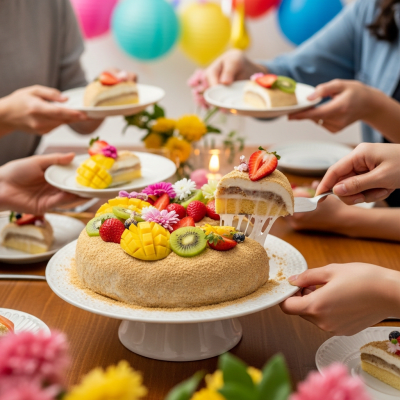 A scene showing the Mochi Cake (cake) being served or enjoyed at a festive occasion, such as a birthday party or wedding