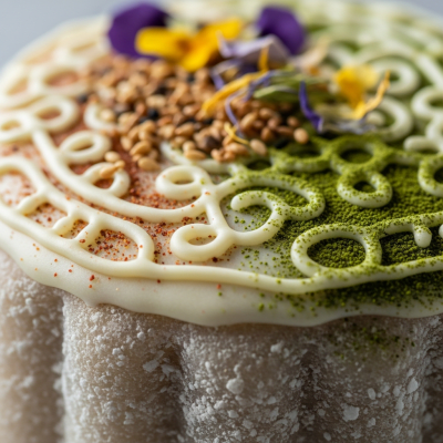 Close-up macro photograph of the surface texture and decoration of a Mochi Cake (cake)