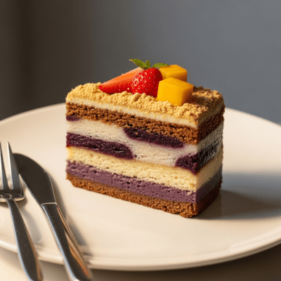 An image of a single slice of Mochi Cake, from the cake taxonomy, isolated on a plate with simple cutlery