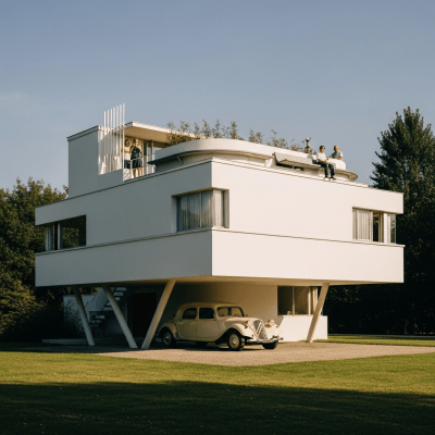 Photograph depicting Modernism, an example of architecture, in active use or cultural context—such as being inhabited, visited, or used for its intended purpose—while keeping focus on the structure itself