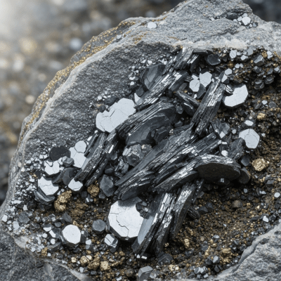 Naturalistic scene featuring Molybdenite in its typical geological environment, as categorized by minerals