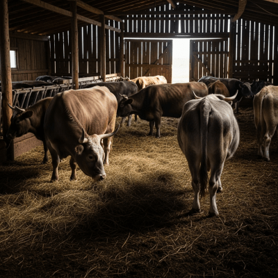 Documentary-style image of a Mongolian cattle (various local ecotypes) in a barn or shelter environment, showing typical housing conditions for cows