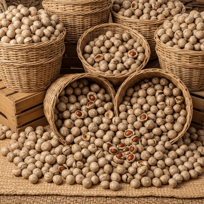 Photo showing harvested Mongongo nut (nuts) nuts in bulk, such as in baskets or containers