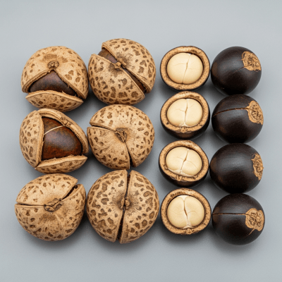 Image of a handful of unshelled and shelled Mongongo nut (nuts), side by side