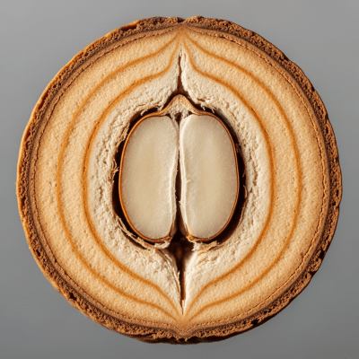 Macro close-up image showing the interior cross-section of a Mongongo nut (nuts)