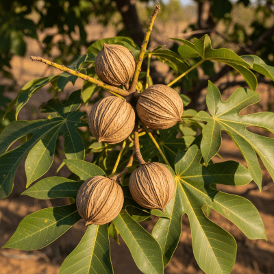 Photograph of a Mongongo nut (nuts) in its natural environment, such as on the tree, bush, or ground where it grows