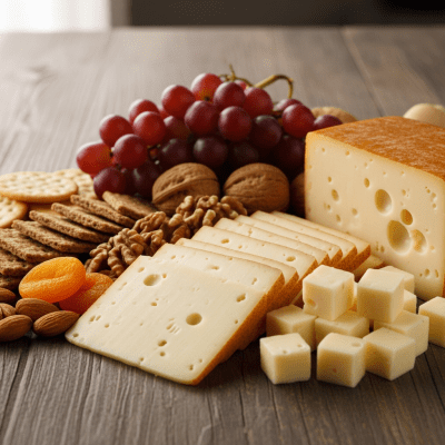 A serving of Monterey Jack arranged as part of a traditional cheese platter with fruits, nuts, and crackers