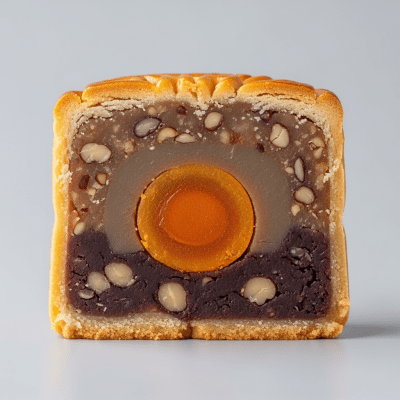 Detailed cross-sectional view of a sliced Mooncake (cake), showing internal layers, textures, and ingredients