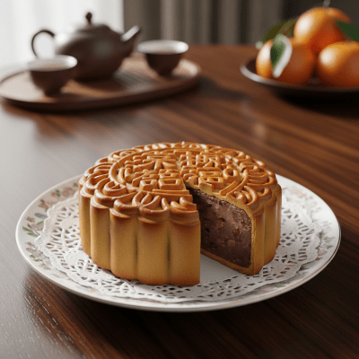 A realistic image of a whole Mooncake (cake) displayed on a classic dessert table in a home or bakery setting