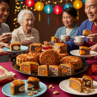 A scene showing the Mooncake (cake) being served or enjoyed at a festive occasion, such as a birthday party or wedding