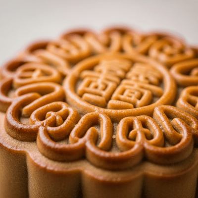 Close-up macro photograph of the surface texture and decoration of a Mooncake (cake)