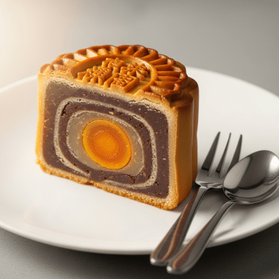 An image of a single slice of Mooncake, from the cake taxonomy, isolated on a plate with simple cutlery