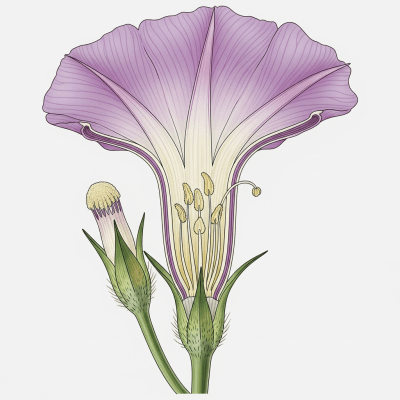 Cross-sectional illustration of a Morning Glory (flowers), showing internal parts such as stem, petals, and reproductive organs