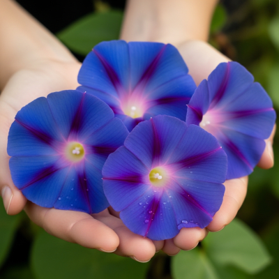 Photograph of a Morning Glory (flowers) being held or interacted with by a person in a gentle way