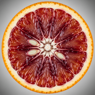 A detailed close-up cross-sectional image of a Moro Blood Orange from the oranges taxonomy, sliced cleanly in half to reveal the interior segments, pulp, and rind structure