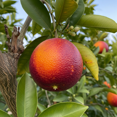 A naturalistic scene featuring a Moro Blood Orange from the oranges taxonomy growing on a tree with leaves and branches visible