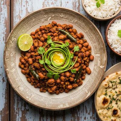 Image of cooked Moth Bean (beans) presented as part of a traditional dish or cuisine, plated attractively and photographed from above