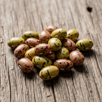 A handful of uncooked Moth Bean beans (beans) scattered on a rustic wooden surface, photographed in natural light to emphasize their variety and color