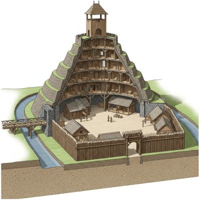 A detailed cross-sectional illustration of a Motte-and-Bailey Castle, from the castles taxonomy
