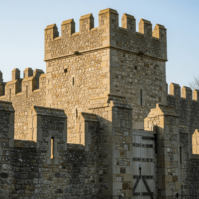 A close-up image focusing on unique architectural details of a Motte-and-Bailey Castle, from the castles taxonomy