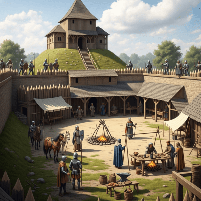 An image showing the Motte-and-Bailey Castle from the castles taxonomy being used or inhabited historically