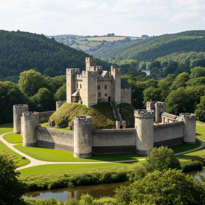 A realistic image of the Motte-and-Bailey Castle from the castles taxonomy, situated in its historical or natural environment