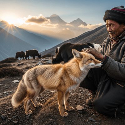 Image of a Mountain Fox interacting with humans in a cultural or practical context