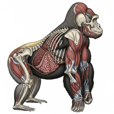 Detailed anatomical illustration of a Mountain gorilla (subspecies), part of the taxonomy apes