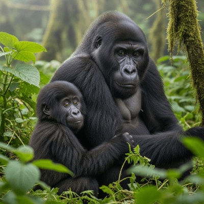 Photograph of a juvenile Mountain gorilla (subspecies) (apes) alongside an adult in their environment