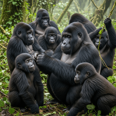 Image showing a group of Mountain gorilla (subspecies) (apes) engaging in typical social behavior