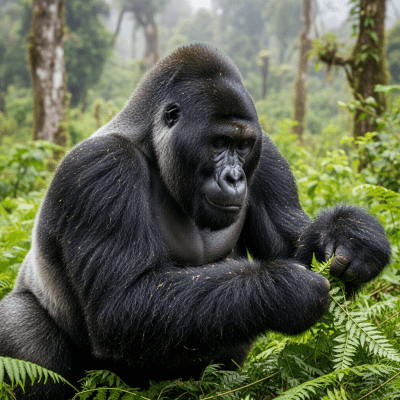 Photograph of a Mountain gorilla (subspecies) (apes) in its natural habitat