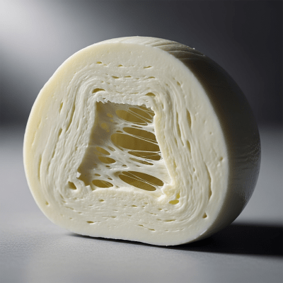 Close-up cross-sectional view of a Mozzarella, showing its internal texture and structure