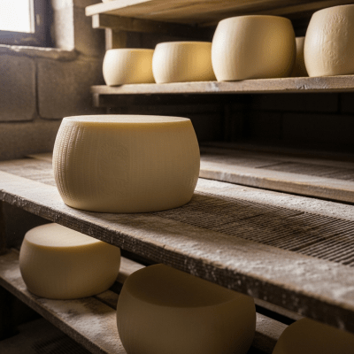 A whole wheel or block of Mozzarella, shown in an artisanal cellar or aging environment typical for this cheese