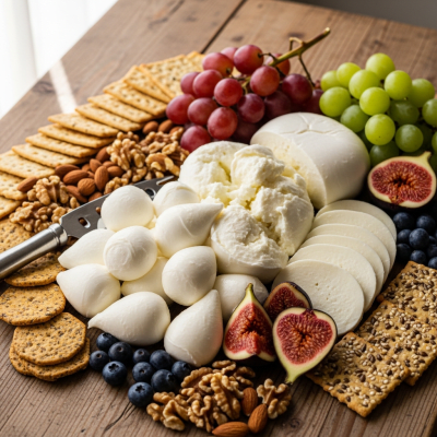 A serving of Mozzarella arranged as part of a traditional cheese platter with fruits, nuts, and crackers