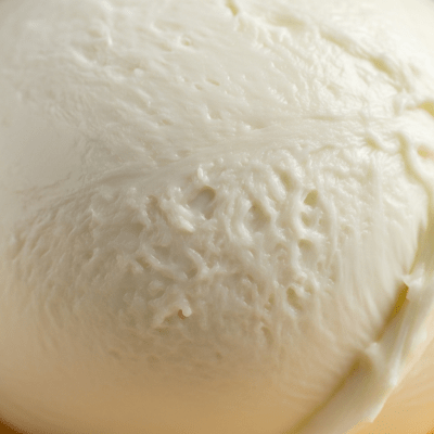 A close-up macro photograph of the rind and surface texture of a Mozzarella
