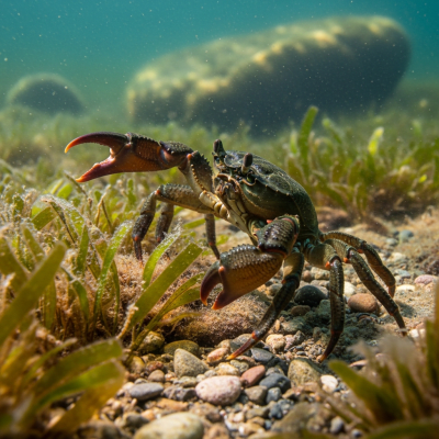 Photo-realistic underwater image of a live Mud Crab, in the context of the taxonomy crabs