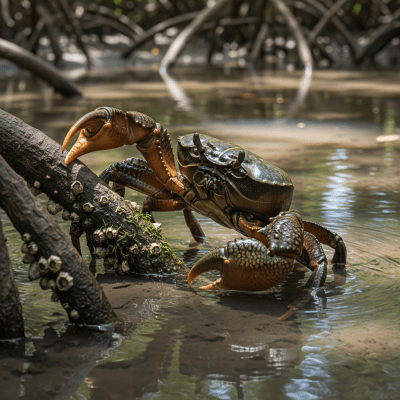 Naturalistic image of a Mud Crab, belonging to the taxonomy crabs, in its typical habitat such as a shoreline, rocky tide pool, or mangrove