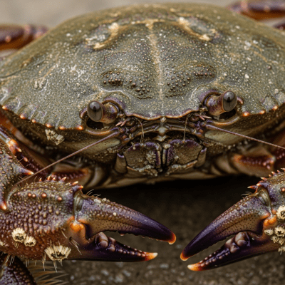 Close-up macro photograph of the shell texture and claws of a single Mud Crab