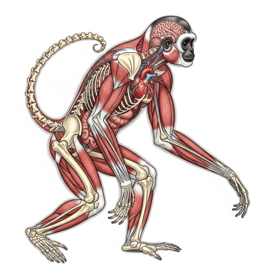 Detailed anatomical illustration of a Müller's gibbon, part of the taxonomy apes